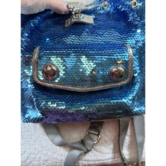 Coach Women’s Blue Poppy Sequin Backpack Signature Glitter Travel Bag Designer - Picture 9 of 13